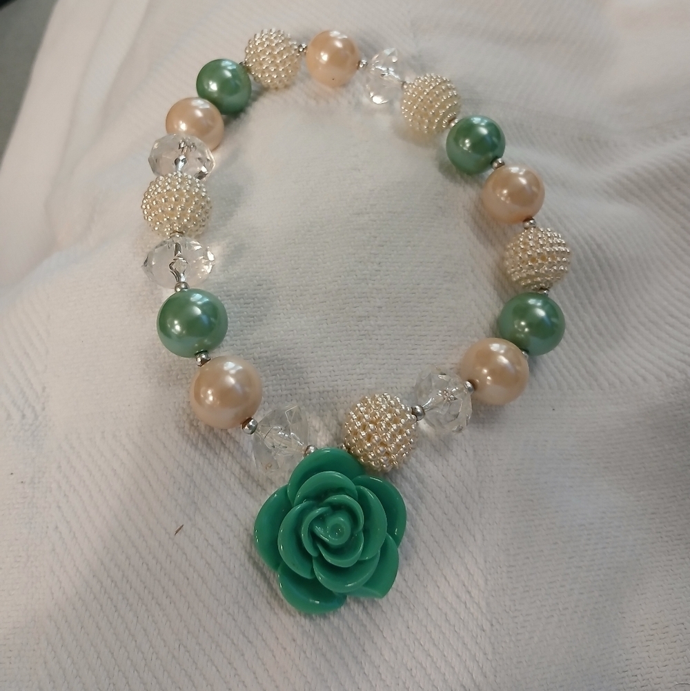 Green and Pearl Beaded Necklace with Green  Rose Charm.